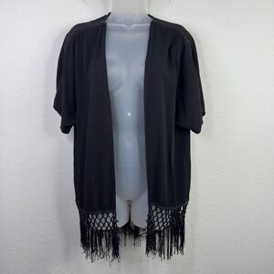Whitney Port Kimono Cardigan Womens M Black Fringe Boho Festival Hippie Goth